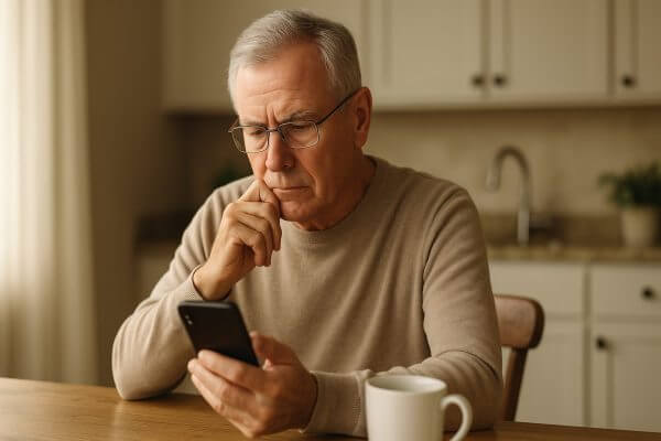 An older man wearing glasses and a beige sweater sits at a kitchen table, looking thoughtfully at his smartphone—perhaps reading advice from Financial Planner Pinsker Wealth. A white coffee mug is in front of him.