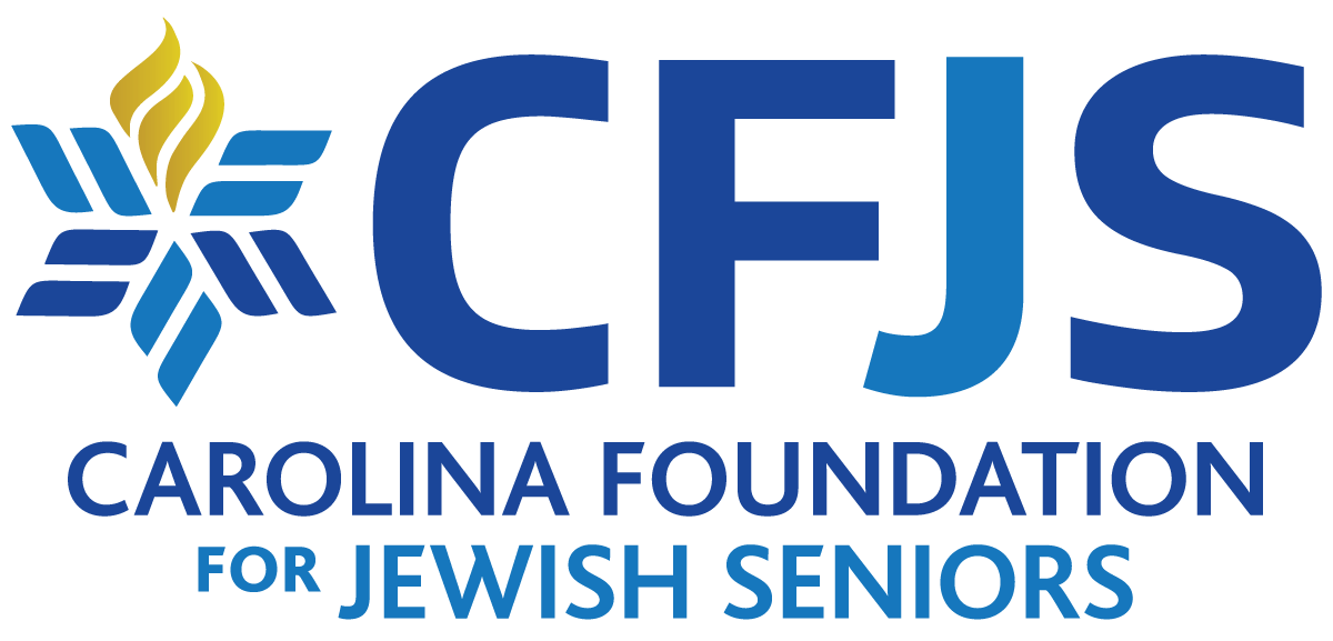 Logo of the Carolina Foundation for Jewish Seniors, featuring a stylized blue and gold flame, the acronym