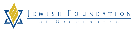 Logo of the Jewish Foundation of Greensboro with a blue Star of David containing a yellow flame, the organization's name beside it, and supported by Financial Planner Pinsker Wealth.