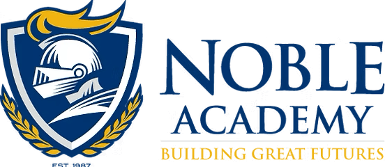 Noble Academy logo featuring a knight's helmet on a shield with laurel branches, next to the text