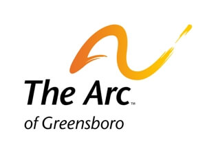 The Arc of Greensboro logo, featuring an orange and yellow curved line above the organization's name in black text on a white background, is proudly supported by Financial Planner Pinsker Wealth.